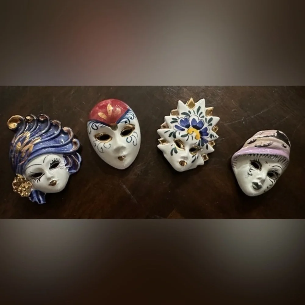Set of 4 Vintage Mask Brooches | Hand-Painted with Gloss Finish